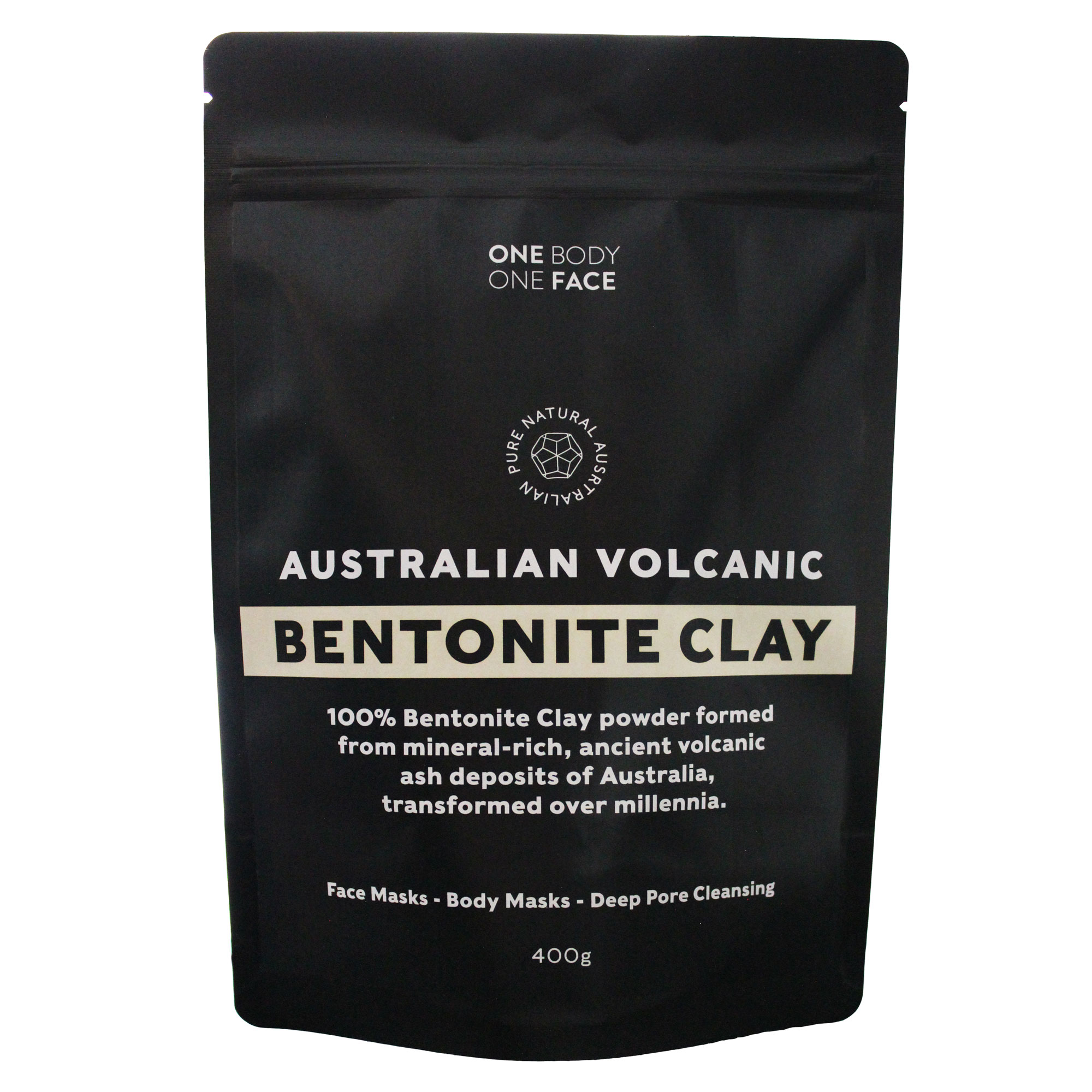 Australian Volcanic Bentonite Clay in its 400g black pack